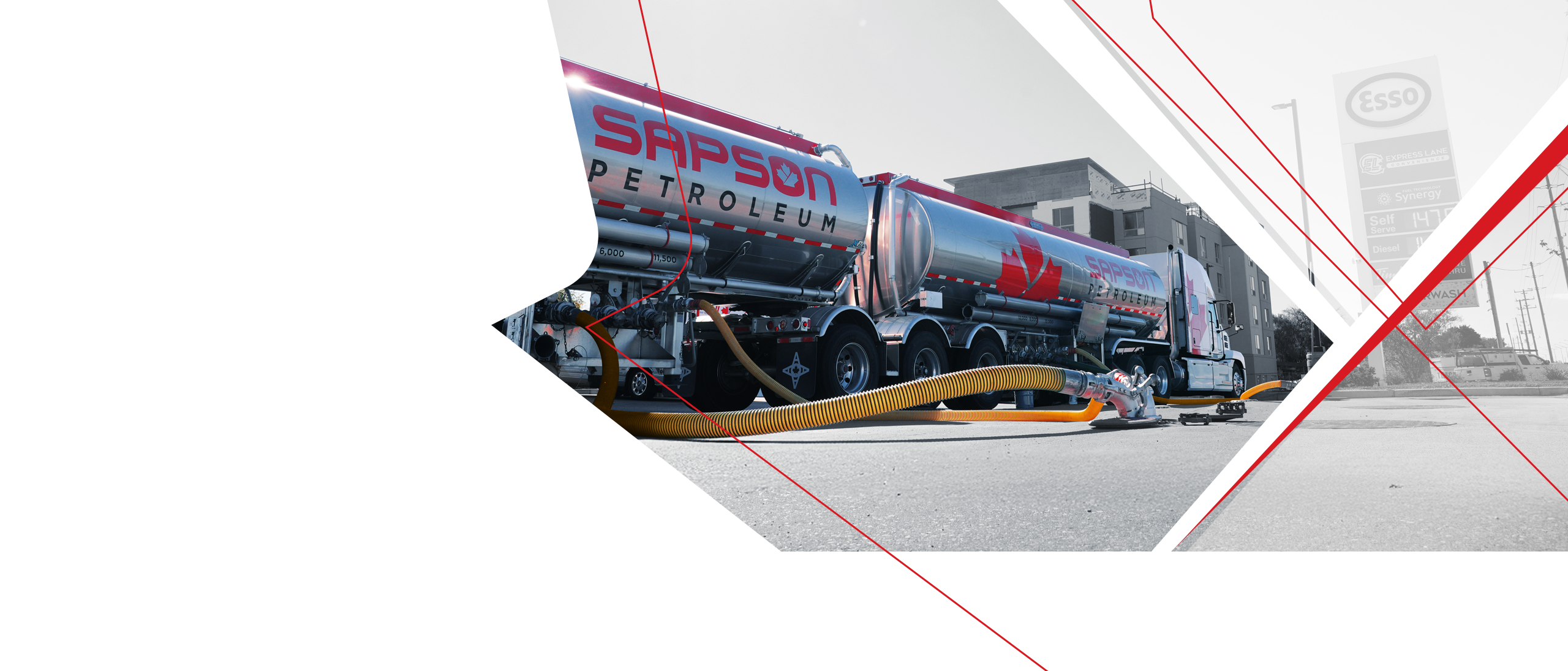 Sapson Petroleum B-train tanker delivering bulk fuel to Ontario gas station